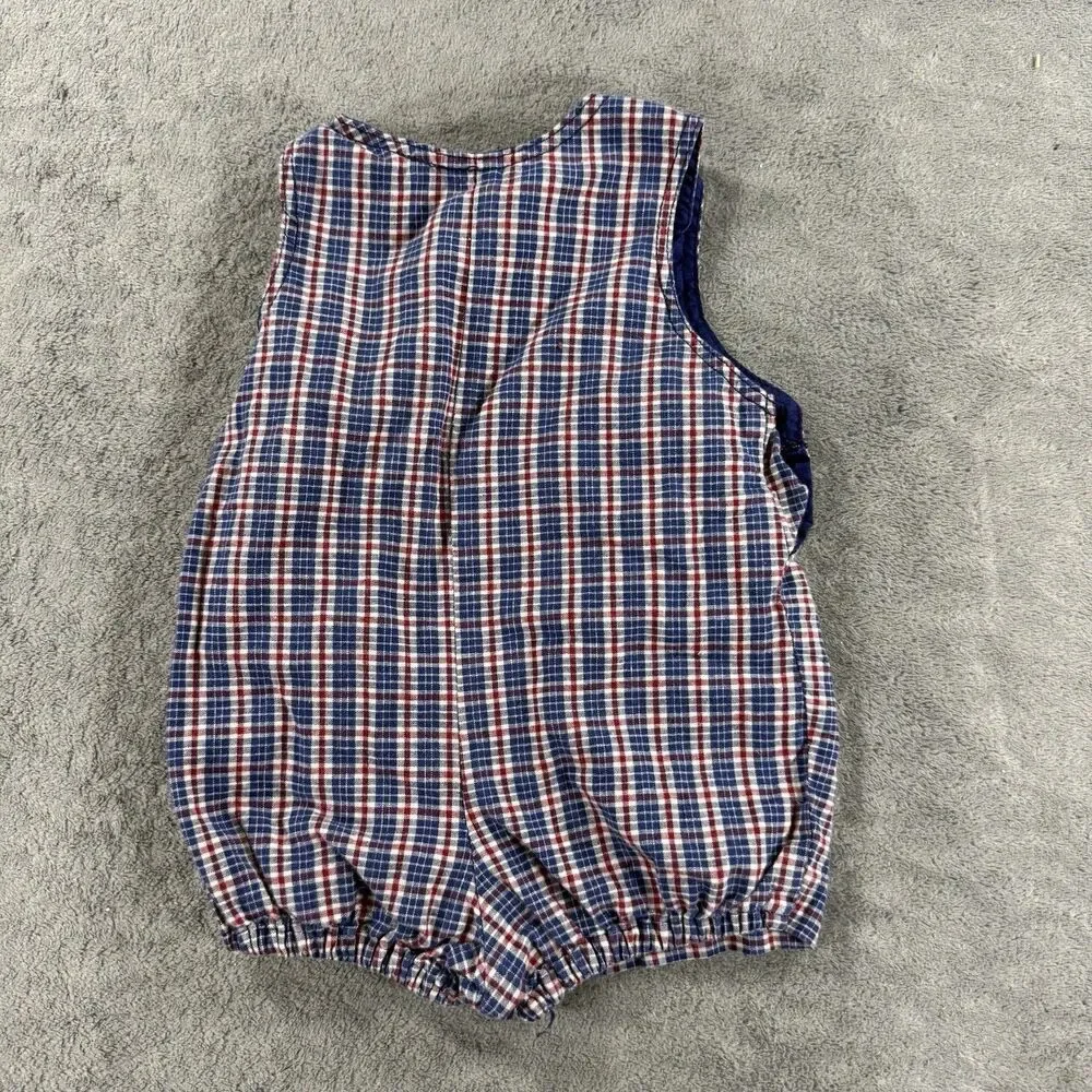 Vintage Baby Romper One-Piece Outfit Bubble Plaid Hippo‎ Appliqué Patch 6-9 Mon